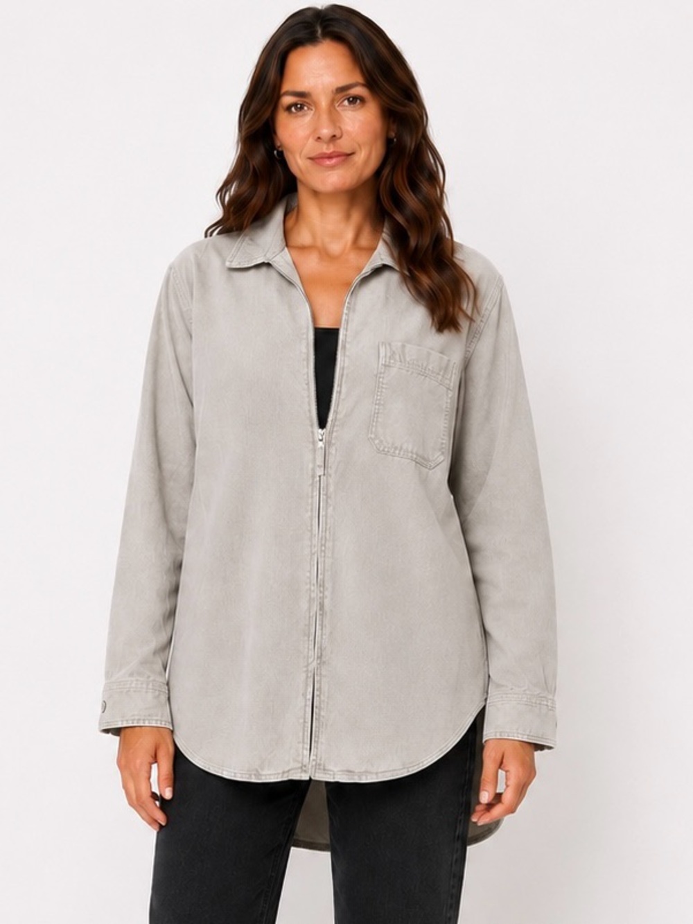 New York & Company Corduroy Zip Jacket Large Tan Utility Shacket Cotton